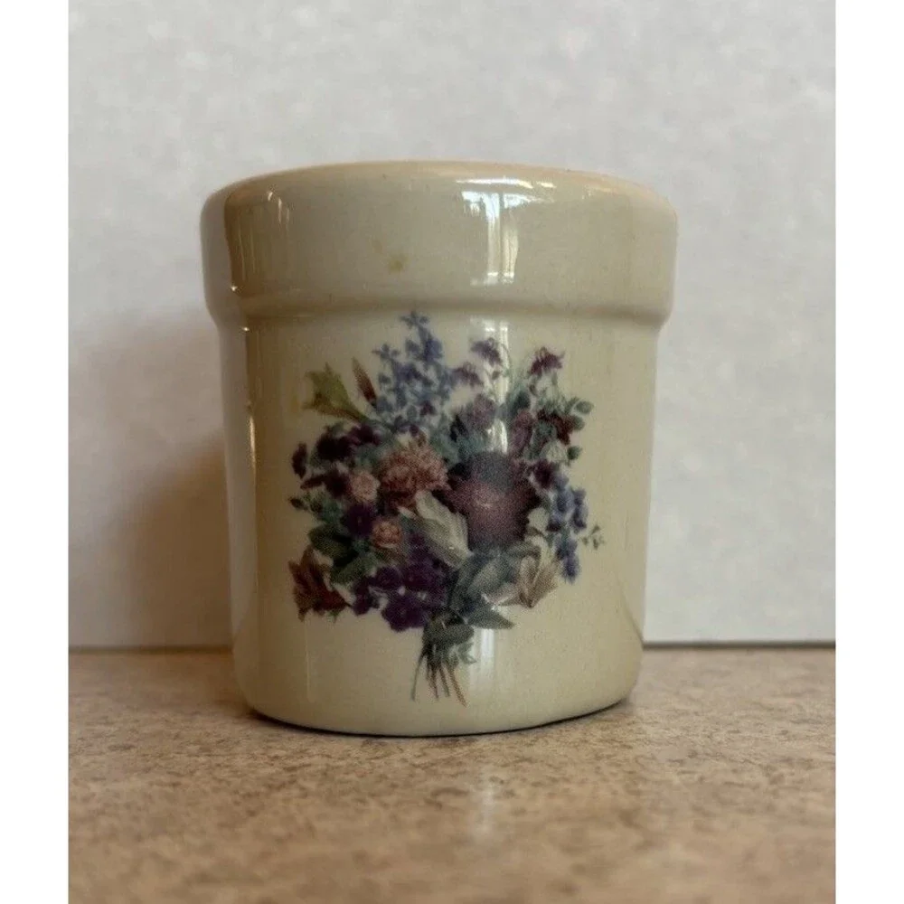Ceramic Toothpick Holder Small Crock Floral Flowers 2 1/4